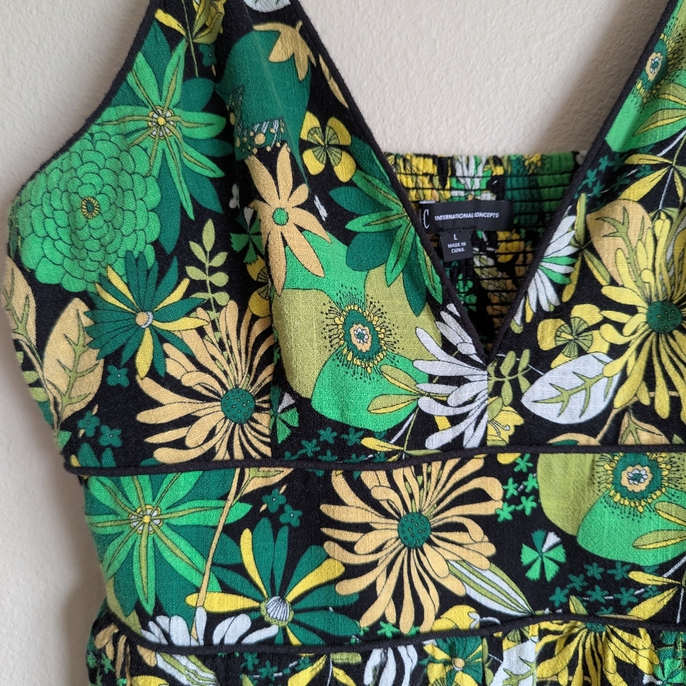 NWOT International Concepts Floral Green and Yellow Wide Leg Jumpsuit Si… - Picture 4 of 7